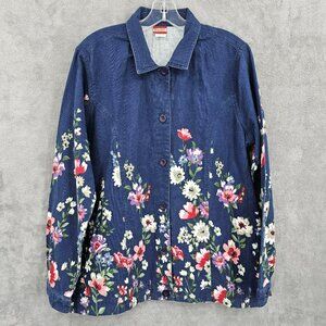 Tudor Court Denim Shacket L Blue Colorful Floral Button Front Lightweight Cotton
